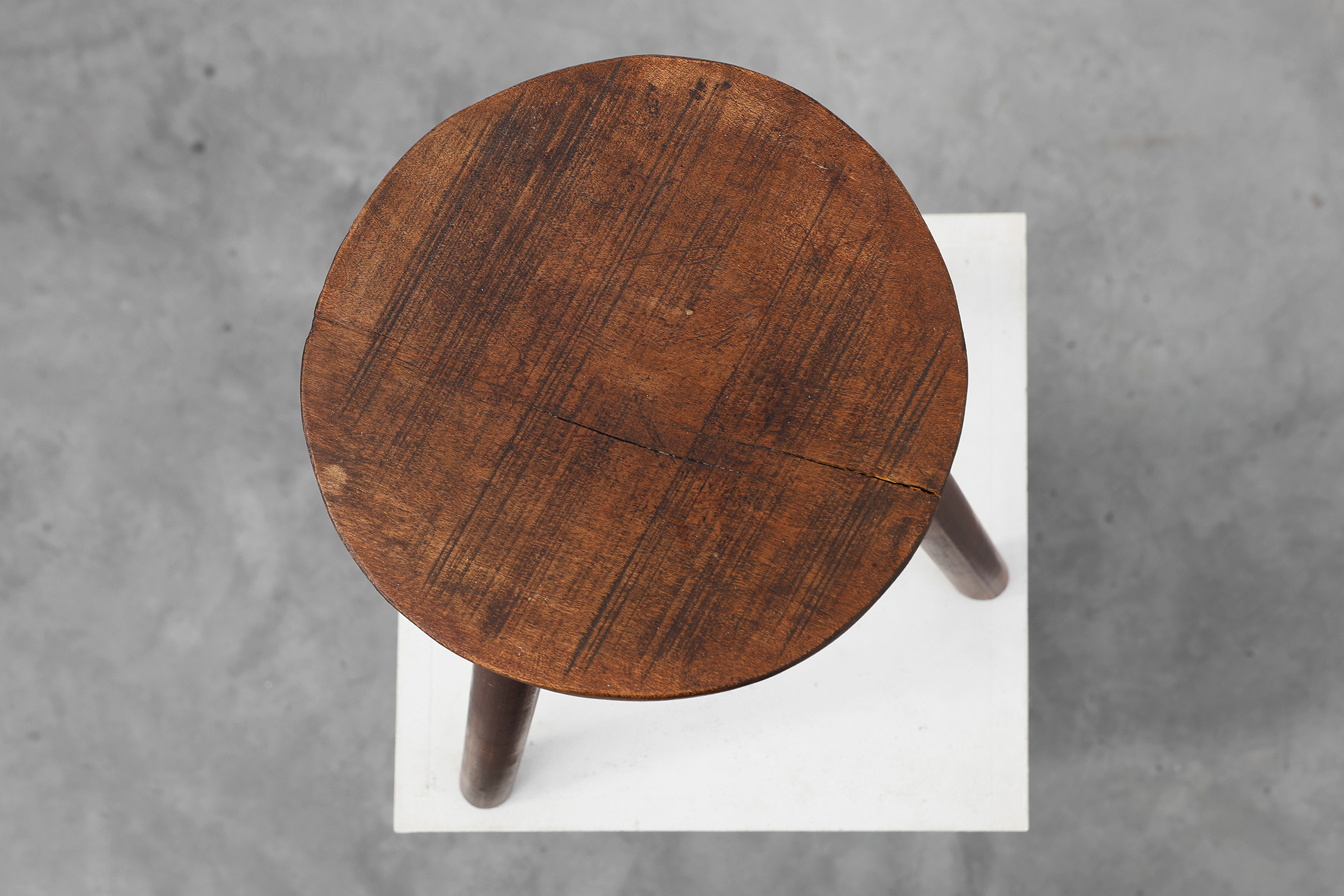 Rustic oak wooden tripod stool, France, ca. 1900thumbnail